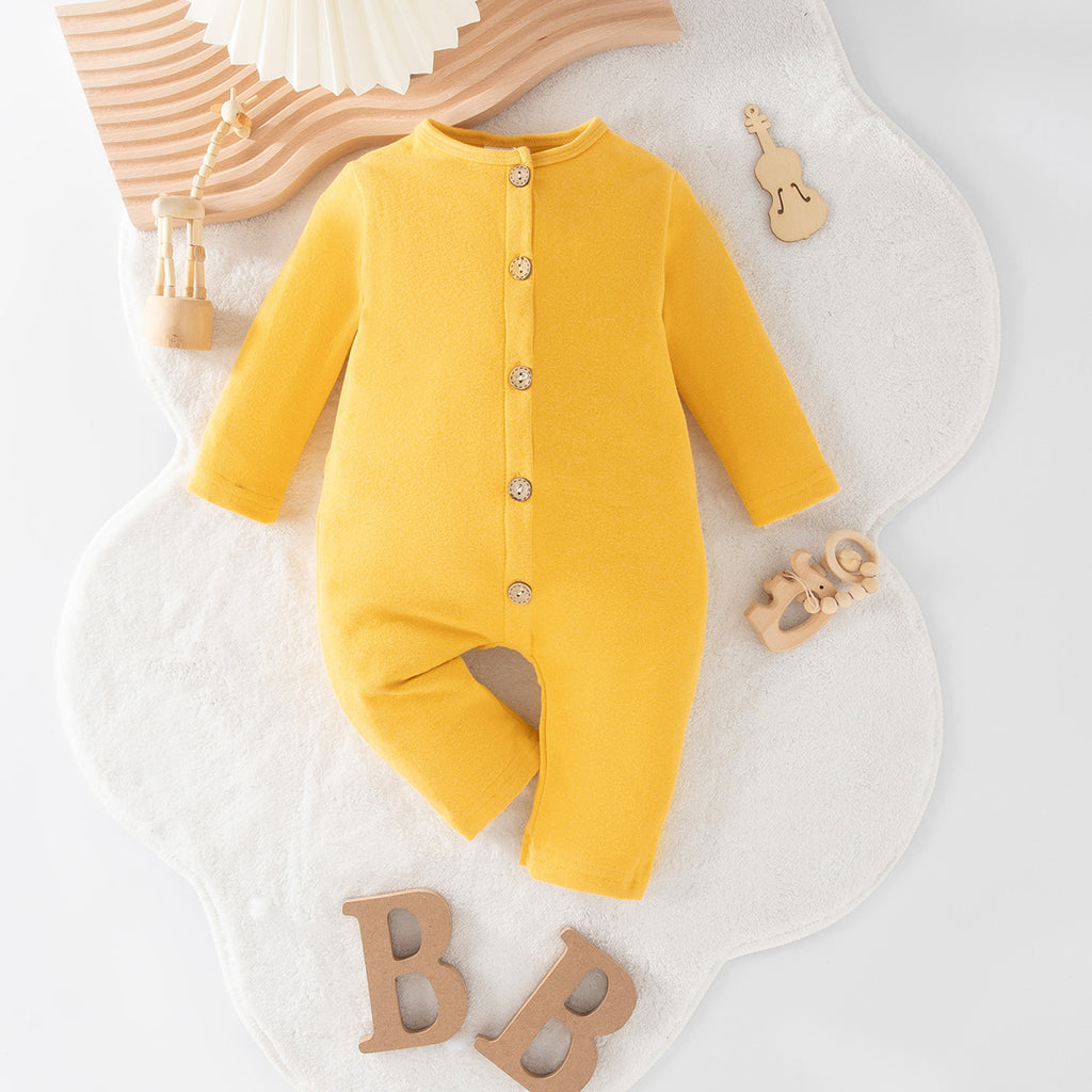 Minimalist Autumn Unisex Baby Jumpsuit, Ages 1-9 Months | Color: Yellow | Image 1