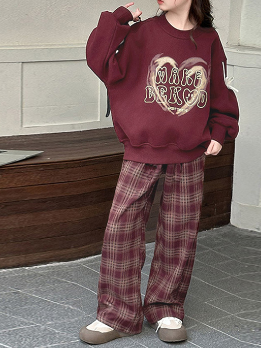 Casual Sporty Spring Girls' Pants Suit, Ages 4-14 | Color: Red | Image 1