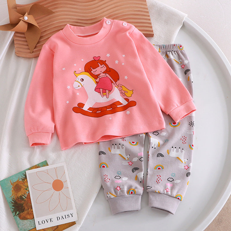 Minimalist Autumn 2-Piece Unisex Kids' Pajama Set, Ages 2-9 | Color: Pink&Grey | Image 1
