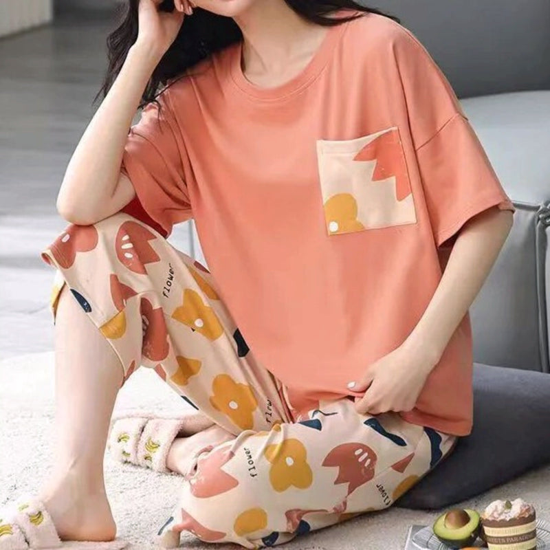 Modern Chic All-Season Minimalist Summer 2 Pcs Women 's Short  Sleeve Sleep Set | Color: Peach Pink | Image 1