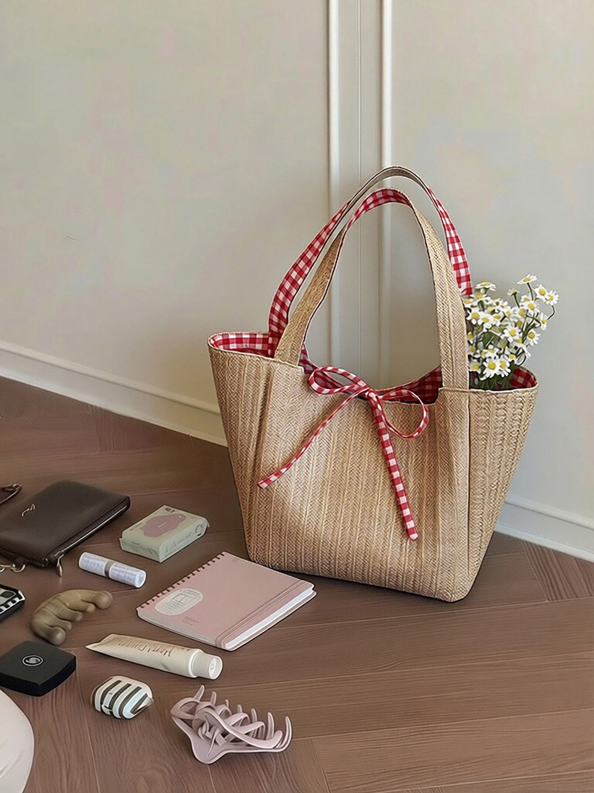 Modern Chic All-Season PU/Artificial Leather/Microfiber Leather, PP/PVC/EVA/PE/ABS, Sequins, Tweed/ Woolen, Net, Straw/Rattan/Natural material weaving, Cloth / Textile Women's Shoulder Bags Tote Bags | Color: Red | Image 3
