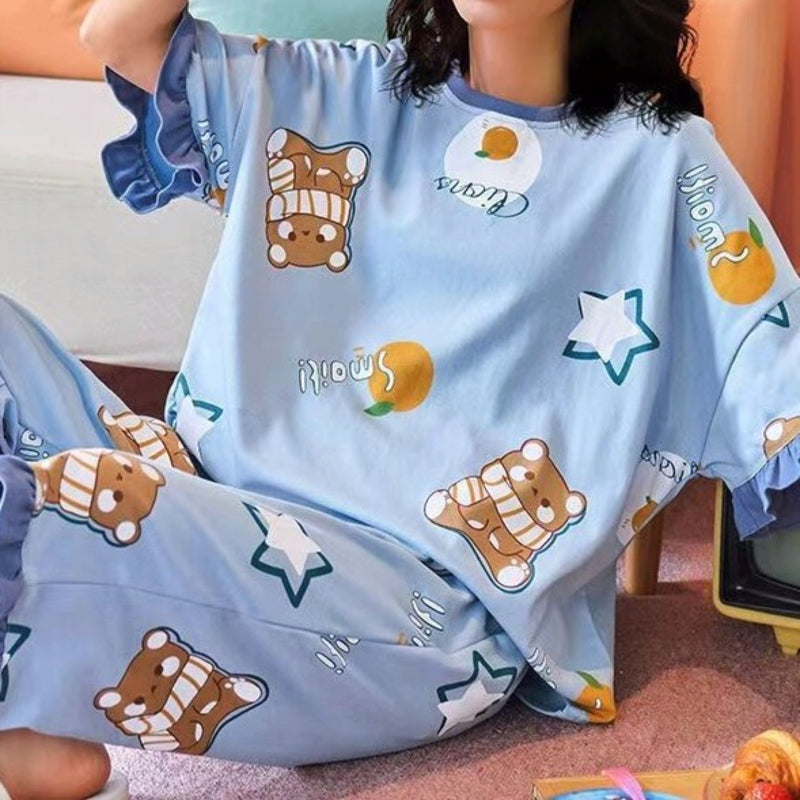 Minimalist Summer 2 Pcs Women 's Short  Sleeve Sleep Set | Color: Light Blue | Image 1
