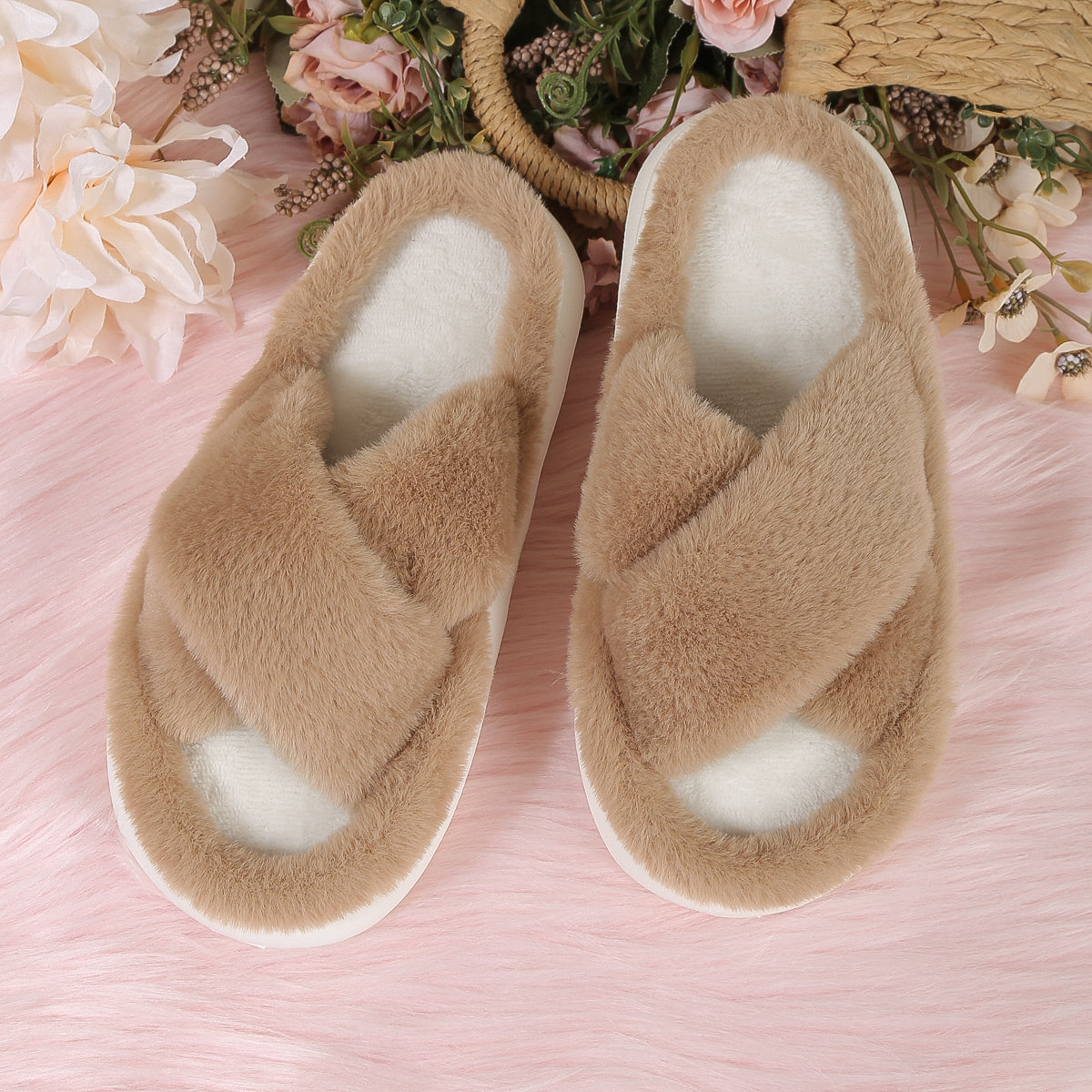 Modern Chic All-Season Velvet/Corduroy Women's Imitation Fur Slippers | Color: Khaki | Image 1