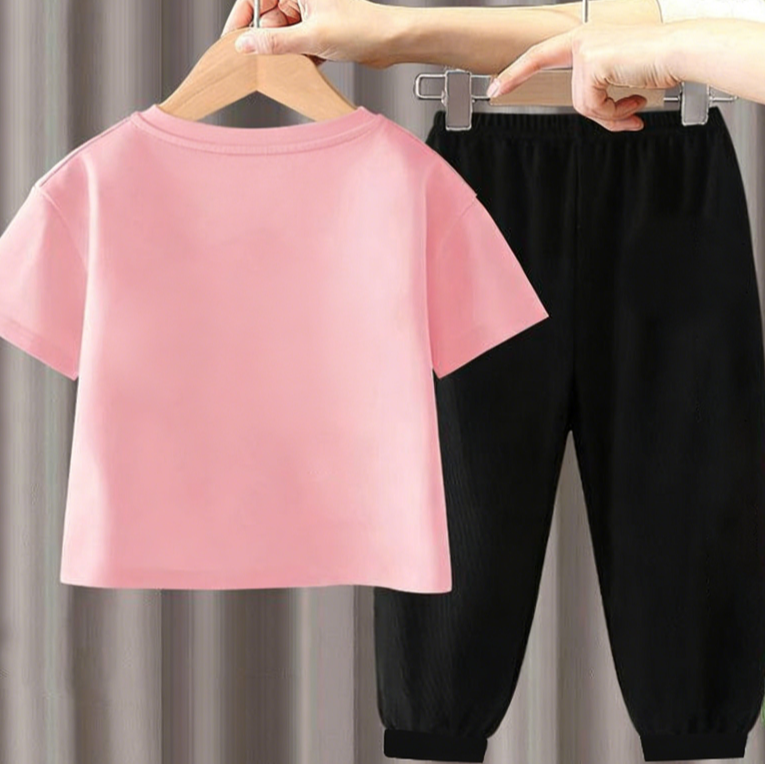 Modern Chic All-Season Minimalist Summer 2-Piece Unisex Kids' Pants Suit, Ages 2-7 | Color: Pink | Image 3