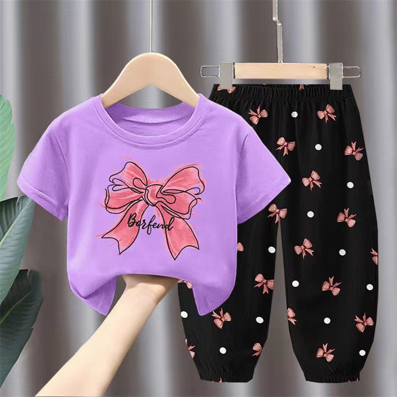 Minimalist Summer 2-Piece Unisex Kids' Pants Suit, Ages 2-7 | Color: Purple | Image 1