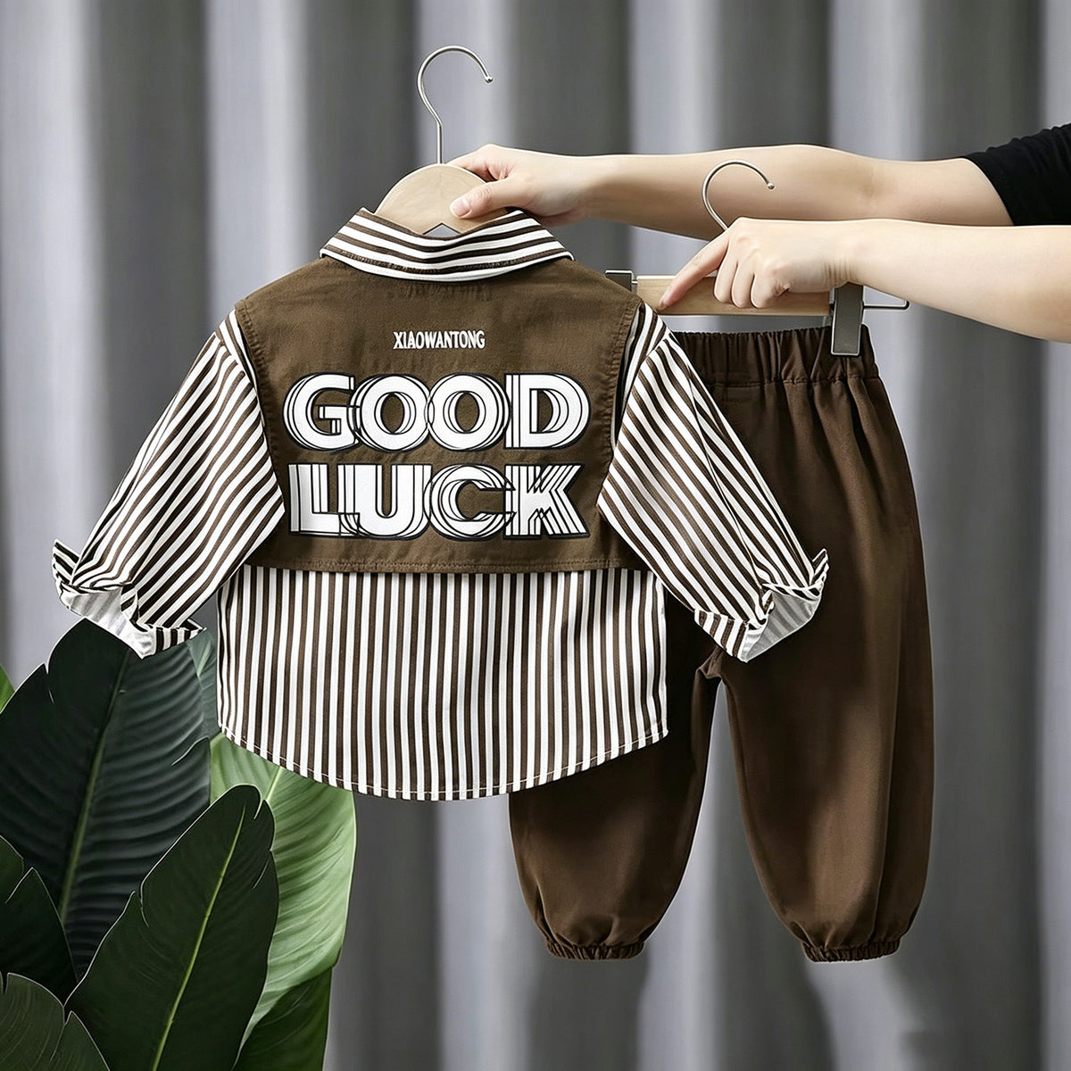 Trendy Autumn 2-Piece Boys' Pants Suit, Ages 2-9 | Color: Coffee | Image 1