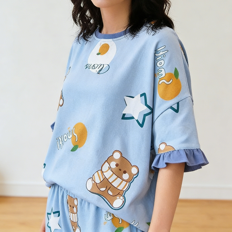 Minimalist Summer 2 Pcs Women 's Short  Sleeve Sleep Set | Color: Light Blue | Image 2