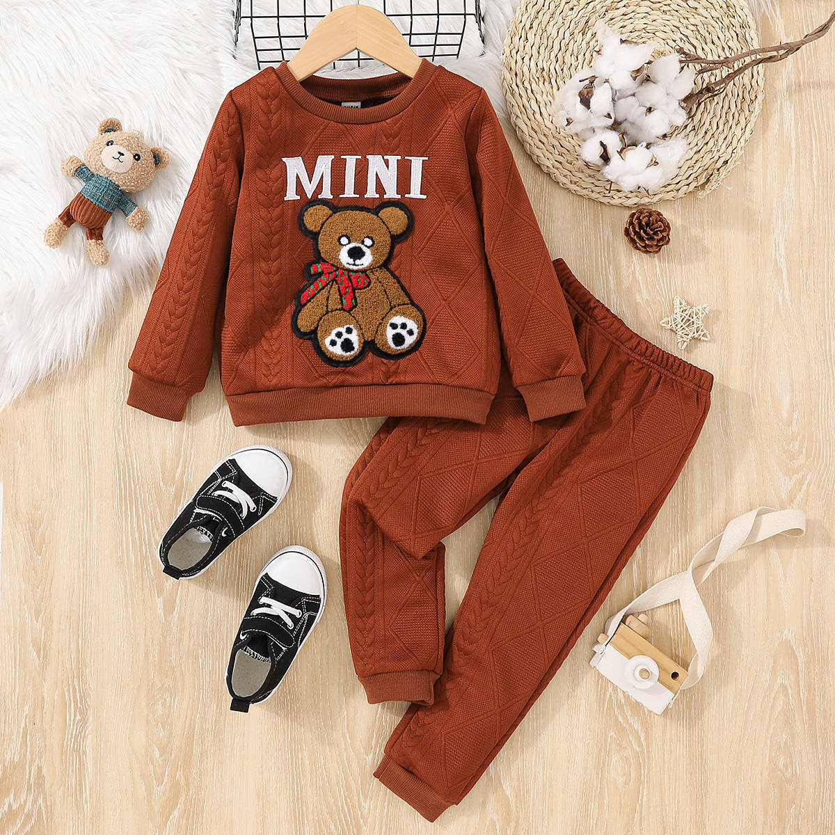 Minimalist Winter 2-Piece Unisex Kids' Pants Suit, Ages 3-9 | Color: Brown | Image 1