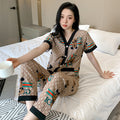 Modern Chic All-Season Minimalist Summer 2 Pcs Women 's Short  Sleeve Night Set | Color: Gold | Image 1