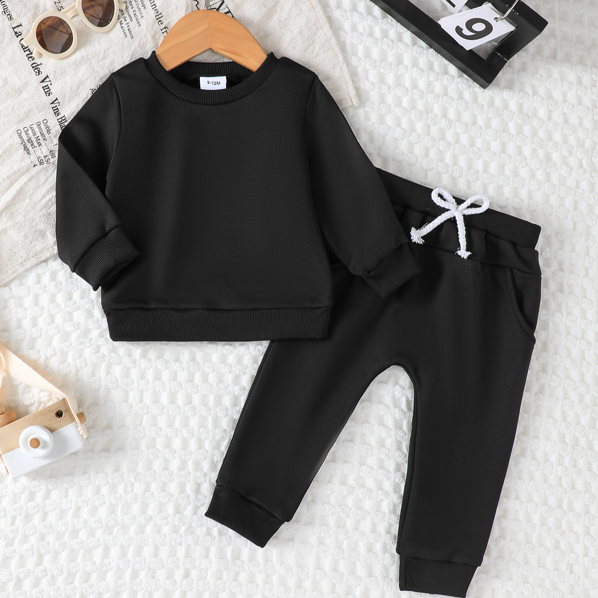 Casual Sporty Autumn 2-Piece Baby Boys' Pants Suit, Ages 0-24 Months | Color: Black | Image 1