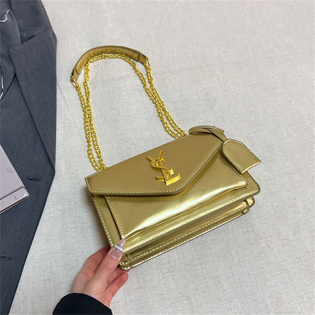 Modern Chic All-Season PU/Artificial Leather/Microfiber Leather, Patent Leather/Glossy Women's Handbags Other Bags | Color: Gold | Image 1