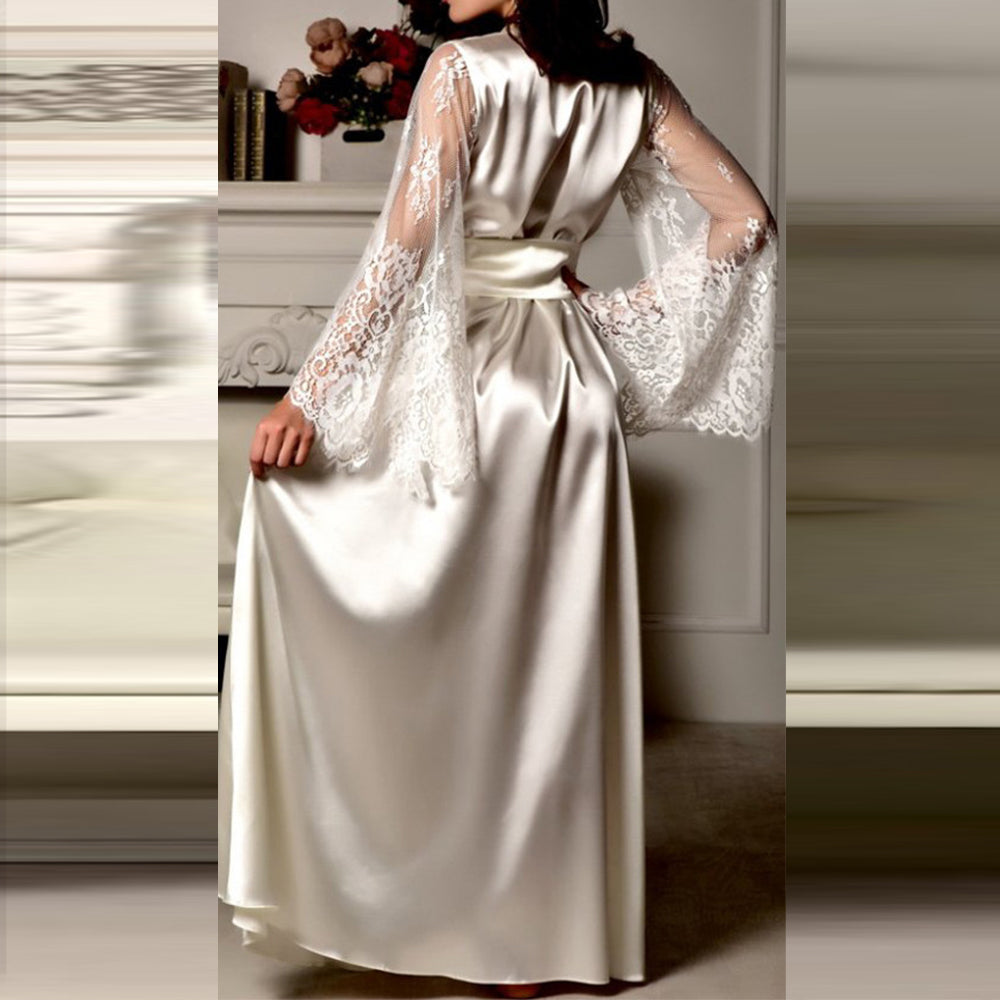 Minimalist All-Season Women 's Long Sleeve Night Robe | Color: White | Image 3