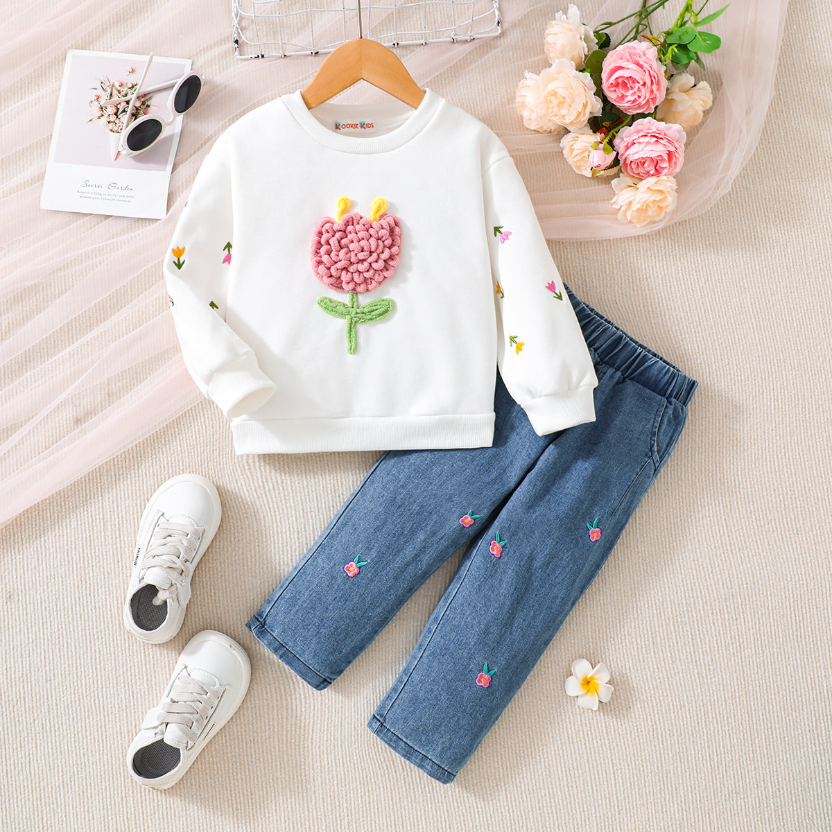 Sweet & Cute Autumn 2-Piece Girls' Pants Suit, Ages 2-5 | Color: White | Image 1
