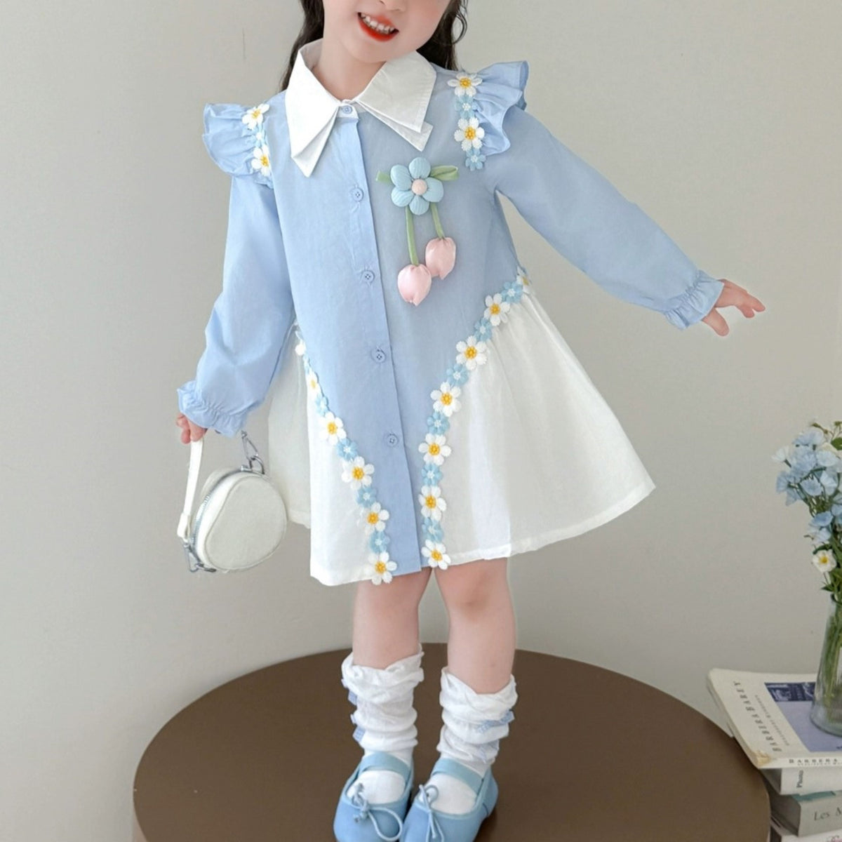 Minimalist Spring Girls' A-Line Dress, Ages 4-14 | Color: Blue | Image 3