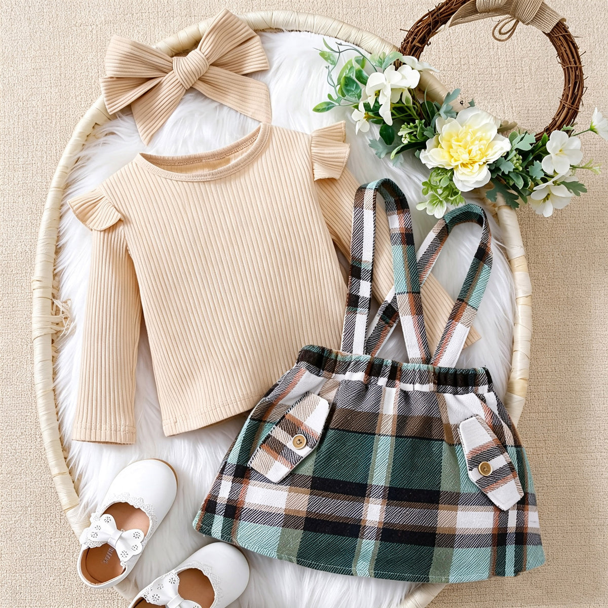 Preppy Autumn 3-Piece Baby Girls' Dress Suit, Ages 0-24 Months | Color: Khaki | Image 1