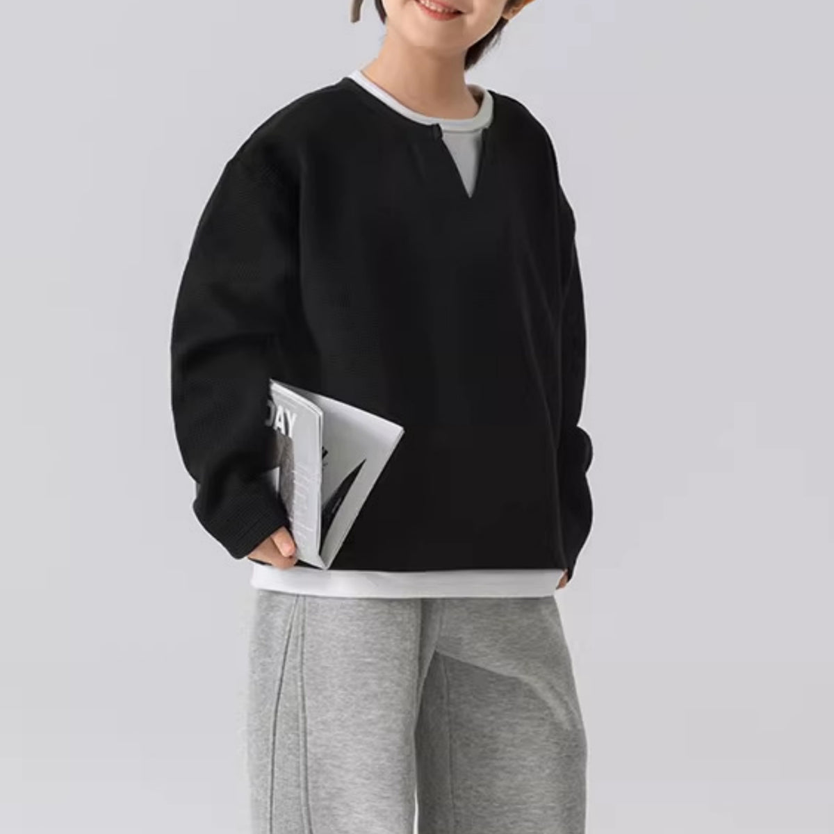 Modern Chic All-Season Minimalist Spring Boys' Sweatshirt, Ages 4-14 | Color: Black | Image 2