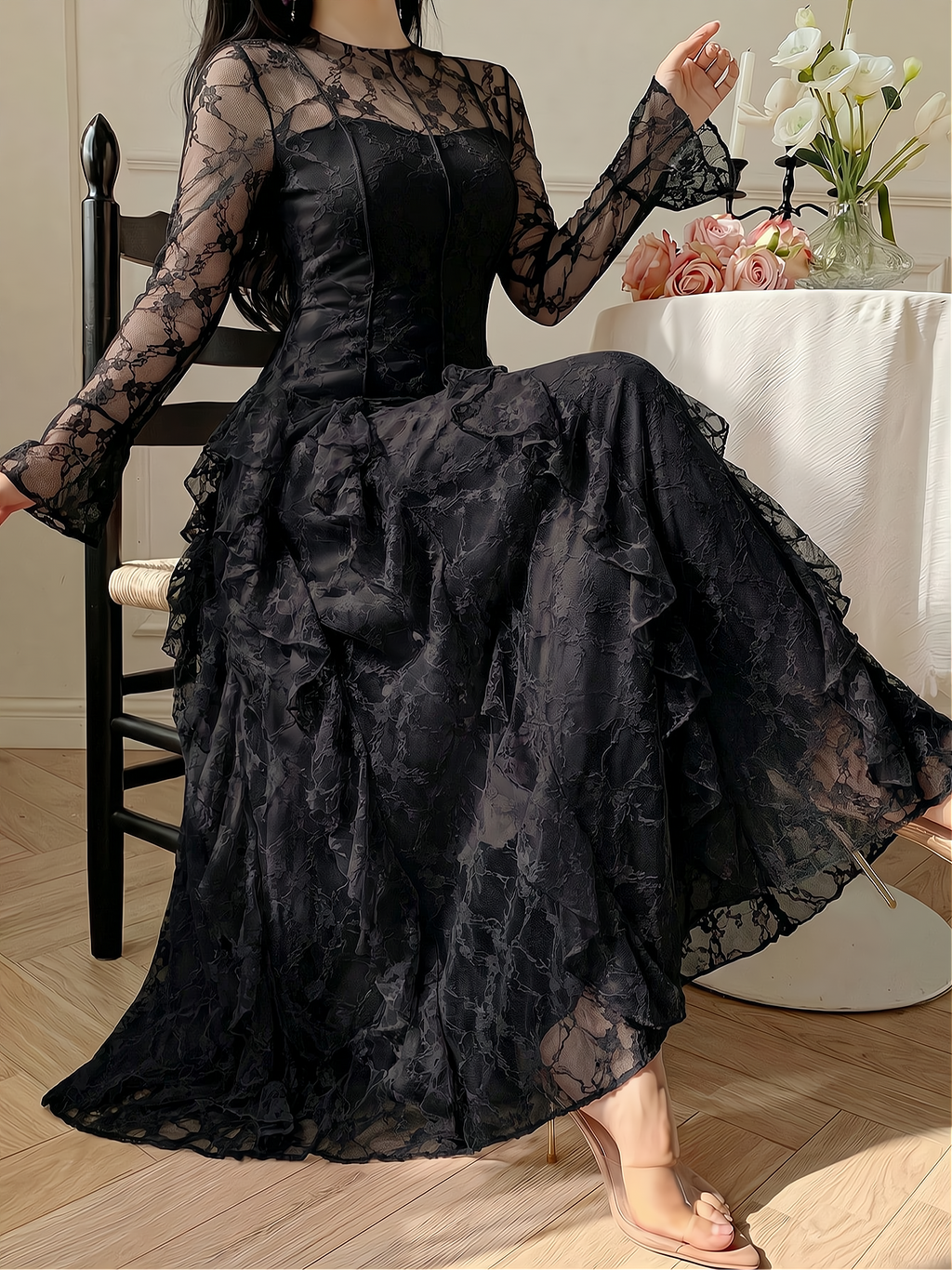 Elegant All-Season Lace Dress | Color: Black | Image 1