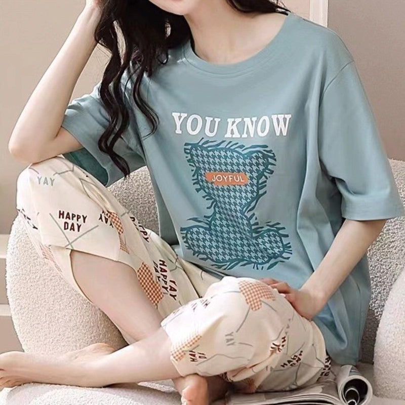 Minimalist Summer 2 Pcs Women 's Short  Sleeve Sleep Set | Color: Light Blue & Light Pink | Image 1