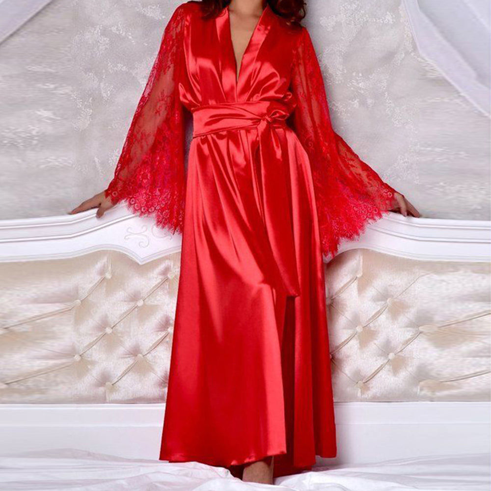 Minimalist All-Season Women 's Long Sleeve Night Robe | Color: Red | Image 1