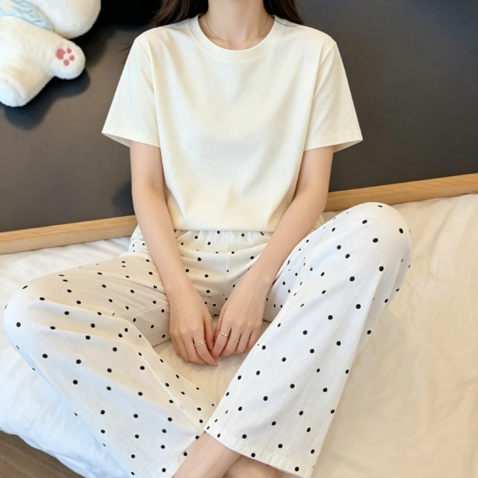Minimalist Summer 2 Pcs Women 's Short  Sleeve Sleep Set | Color: Style 2 | Image 3