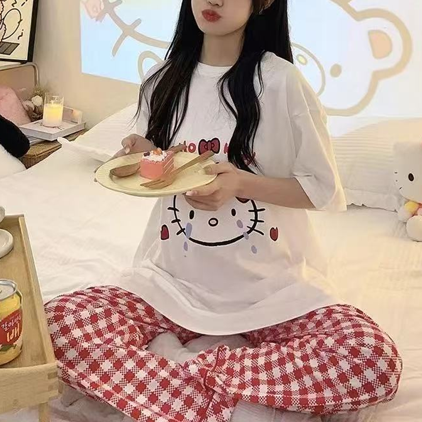 Modern Chic All-Season Sweet Feminine Summer 2 Pcs Women 's Short  Sleeve Sleep Set | Color: Style 1 | Image 3