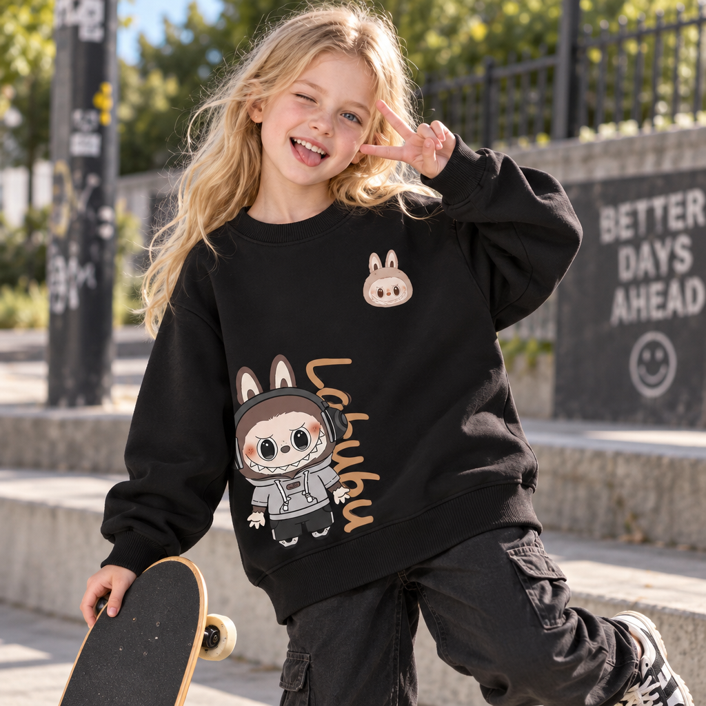 Modern Chic All-Season Minimalist Autumn Unisex Kids' Sweatshirt, Ages 2-14 | Color: Black | Image 3