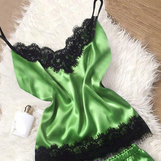 Minimalist Summer 2 Pcs Women 's Sleeveless Night Set | Color: Dark Green | Image 3