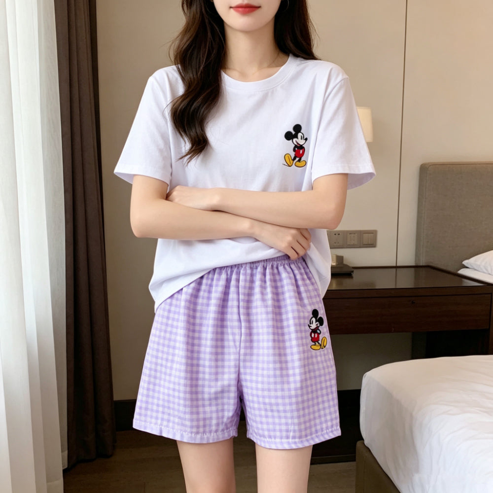 Modern Chic All-Season Sweet Feminine Summer 2 Pcs Women 's Short  Sleeve Sleep Set | Color: Style 1 | Image 1