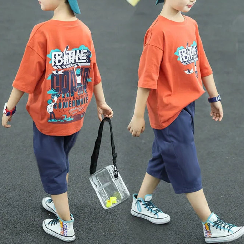 Minimalist Summer 2-Piece Boys' Pants Suit, Ages 4-13 | Color: Orange | Image 2