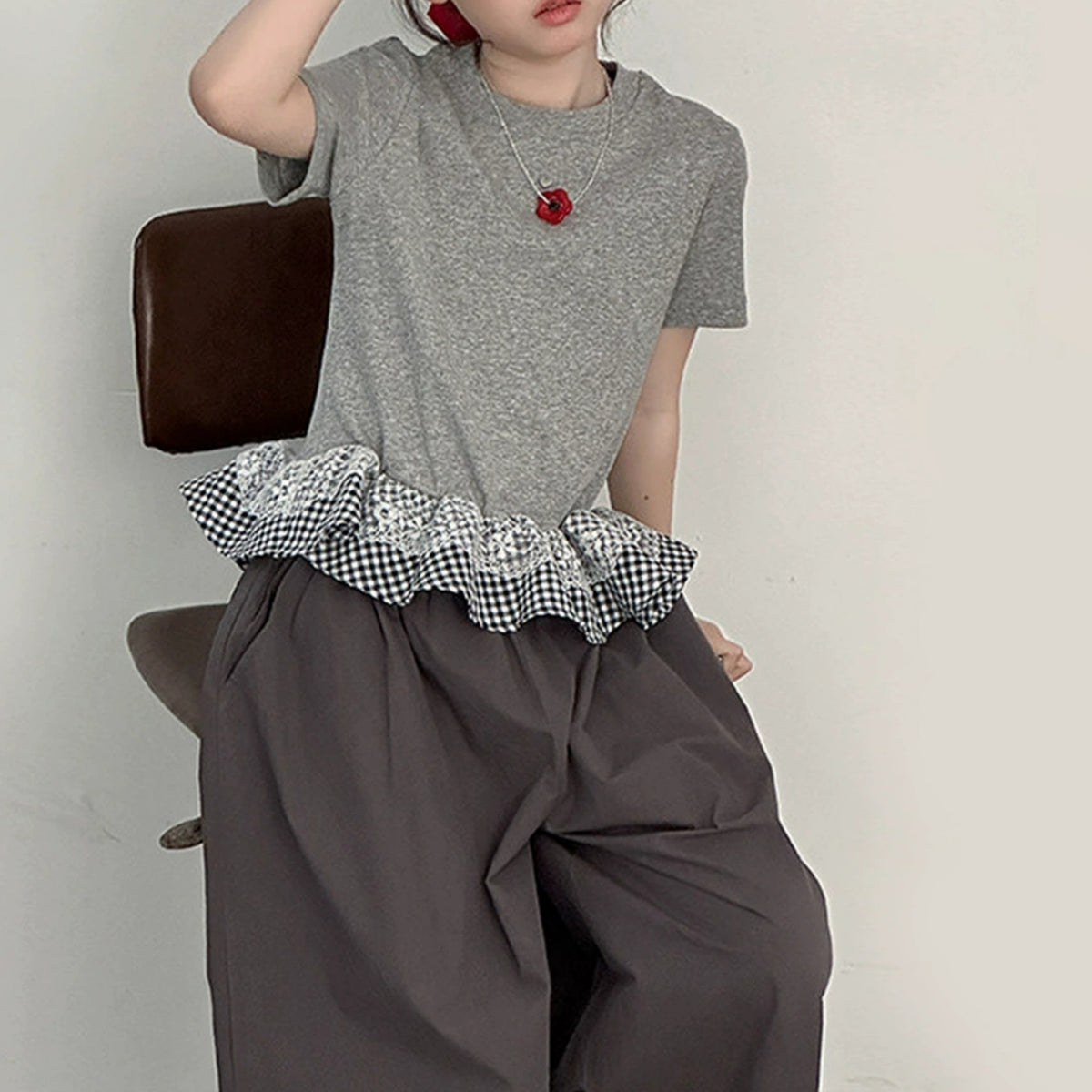 Minimalist Summer 2-Piece Girls' Pants Suit, Ages 4-14 | Color: Grey | Image 3
