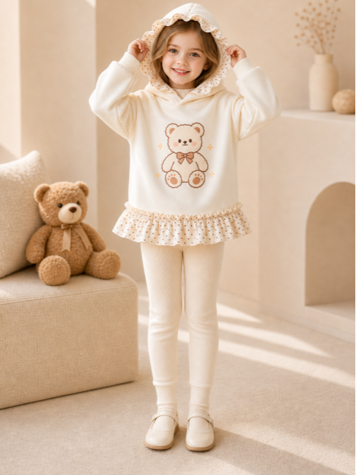 All-Season Sweet & Cute Autumn Girls' Hoodie Dress, Ages 2-9 | Color: Apricot | Image 2