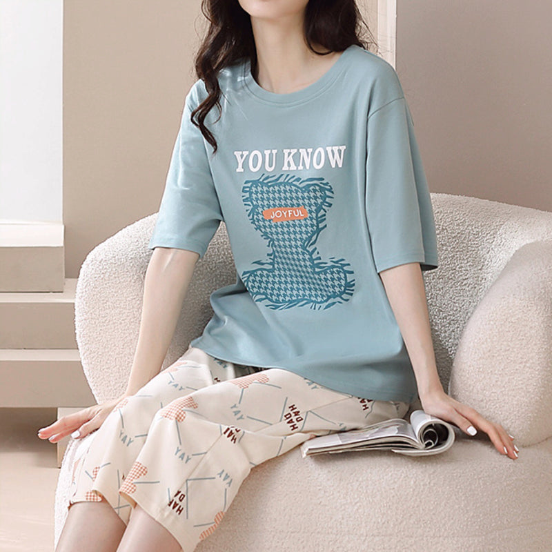 Minimalist Summer 2 Pcs Women 's Short  Sleeve Sleep Set | Color: Light Blue & Light Pink | Image 3
