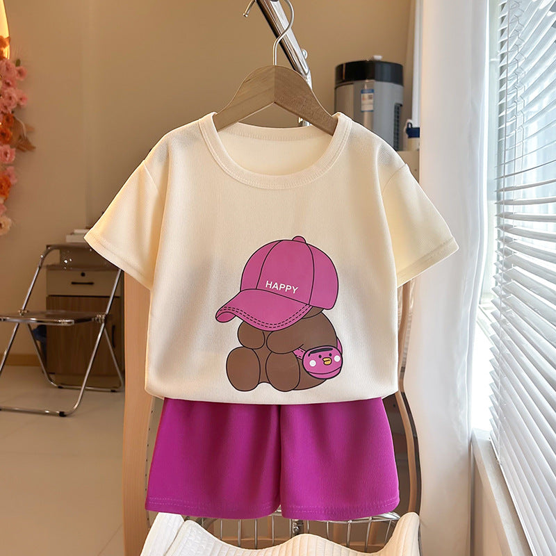 Minimalist Summer 2-Piece Unisex Kids' Pants Suit, Ages 2-5 | Color: Red | Image 2