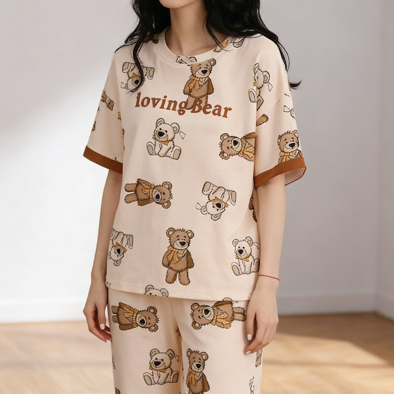 Modern Chic All-Season Minimalist Summer 2 Pcs Women 's Short  Sleeve Sleep Set | Color: Light Nude | Image 2