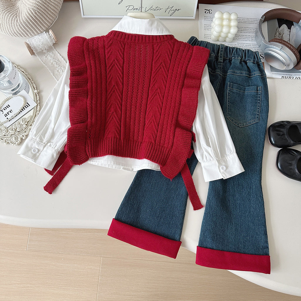 Sweet & Cute Autumn 3-Piece Girls' Pants Suit, Ages 2-9 | Color: Red | Image 3