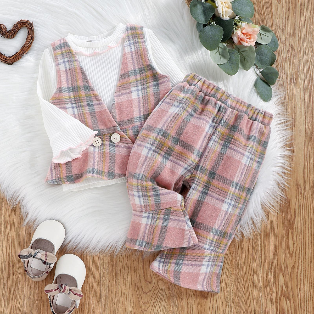 Preppy Autumn 3-Piece Baby Girls' Pants Suit, Ages 0-12 Months | Color: Pink | Image 1