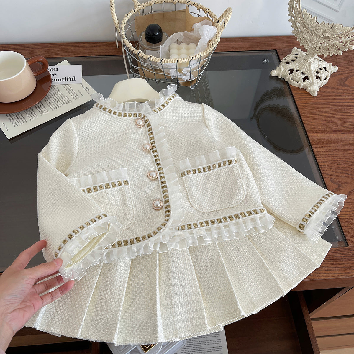 Elegant Autumn 2-Piece Girls' Dress Suit, Ages 2-9 | Color: Beige | Image 3