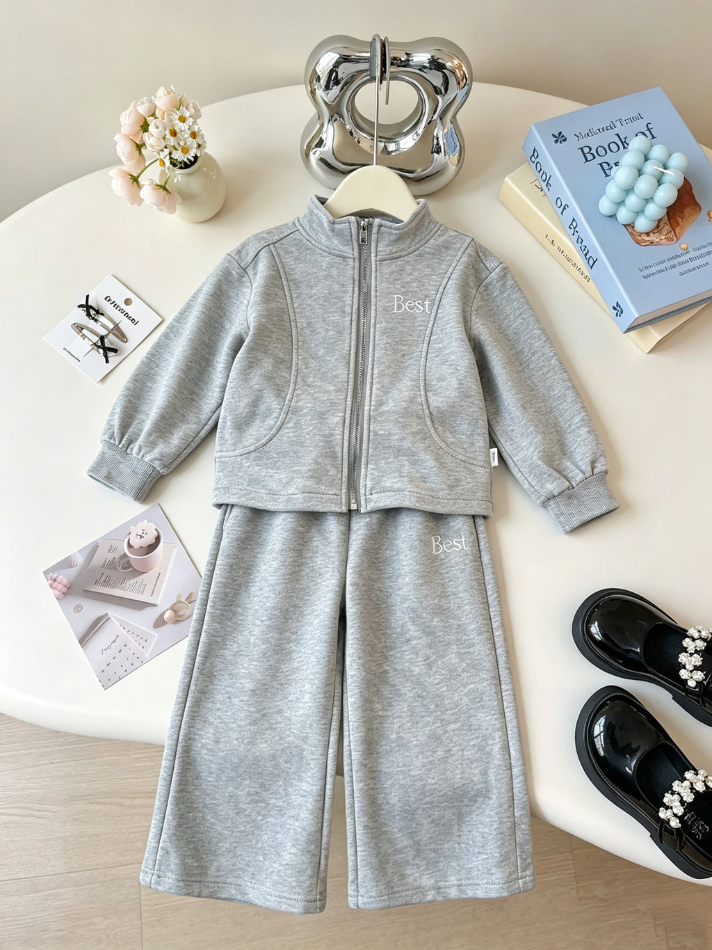 Trendy Autumn 2-Piece Girls' Pants Suit, Ages 2-7 | Color: Grey | Image 1