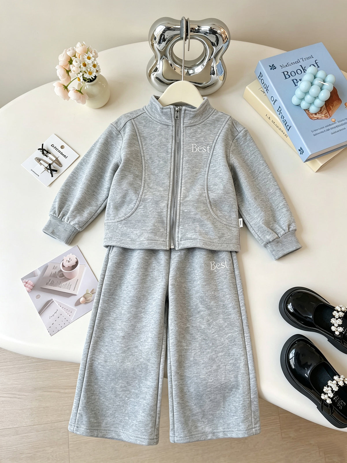 Trendy Autumn 2-Piece Girls' Pants Suit, Ages 2-7 | Color: Grey | Image 1