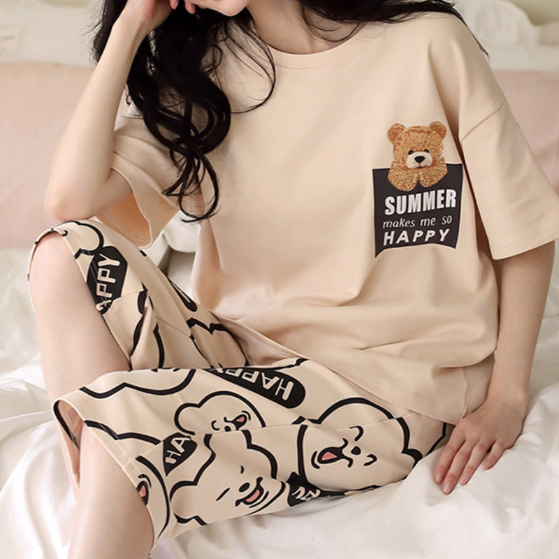 Minimalist Summer 2 Pcs Women 's Short  Sleeve Sleep Set | Color: Beige | Image 2