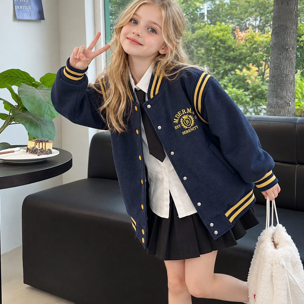 Modern Chic All-Season Casual Sporty Autumn Girls' Baseball Jacket, Ages 4-14 | Color: Navy | Image 3