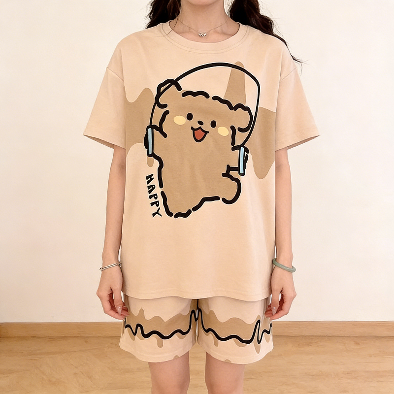 All-Season Sweet & Cute Summer 2 Pcs Women 's Short  Sleeve Sleep Set | Color: Light Brown | Image 3
