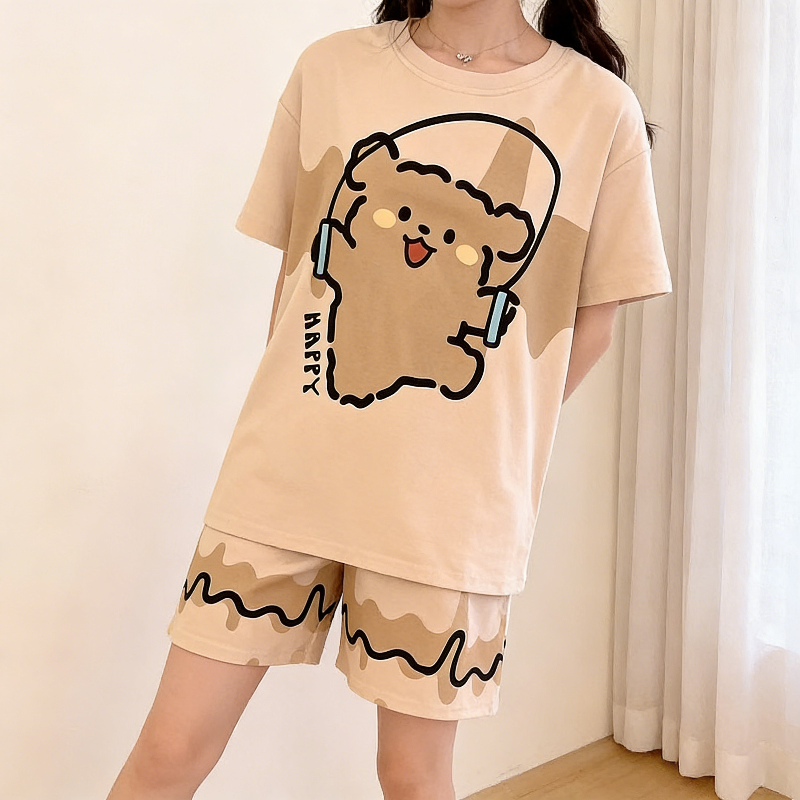 All-Season Sweet & Cute Summer 2 Pcs Women 's Short  Sleeve Sleep Set | Color: Light Brown | Image 2