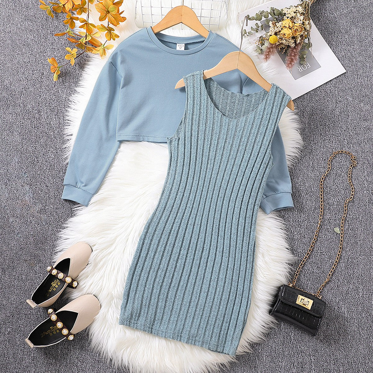Modern Chic All-Season Minimalist Autumn 2-Piece Girls' Dress Suit, Ages 10-14 | Color: Lake Blue | Image 1