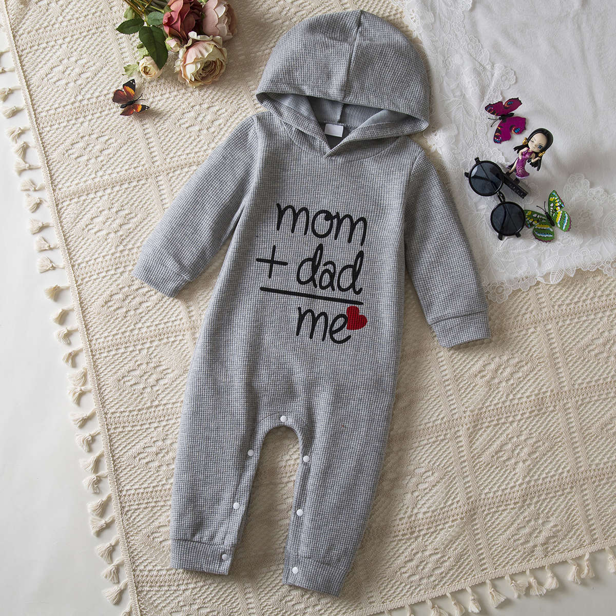 Minimalist Autumn Unisex Baby Jumpsuit, Ages 0-12 Months | Color: Grey | Image 1