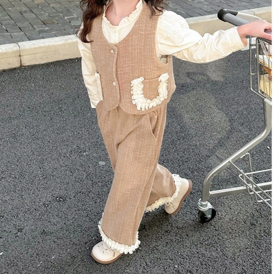 Sweet & Cute Autumn 3-Piece Girls' Pants Suit, Ages 2-9 | Color: Khaki | Image 1