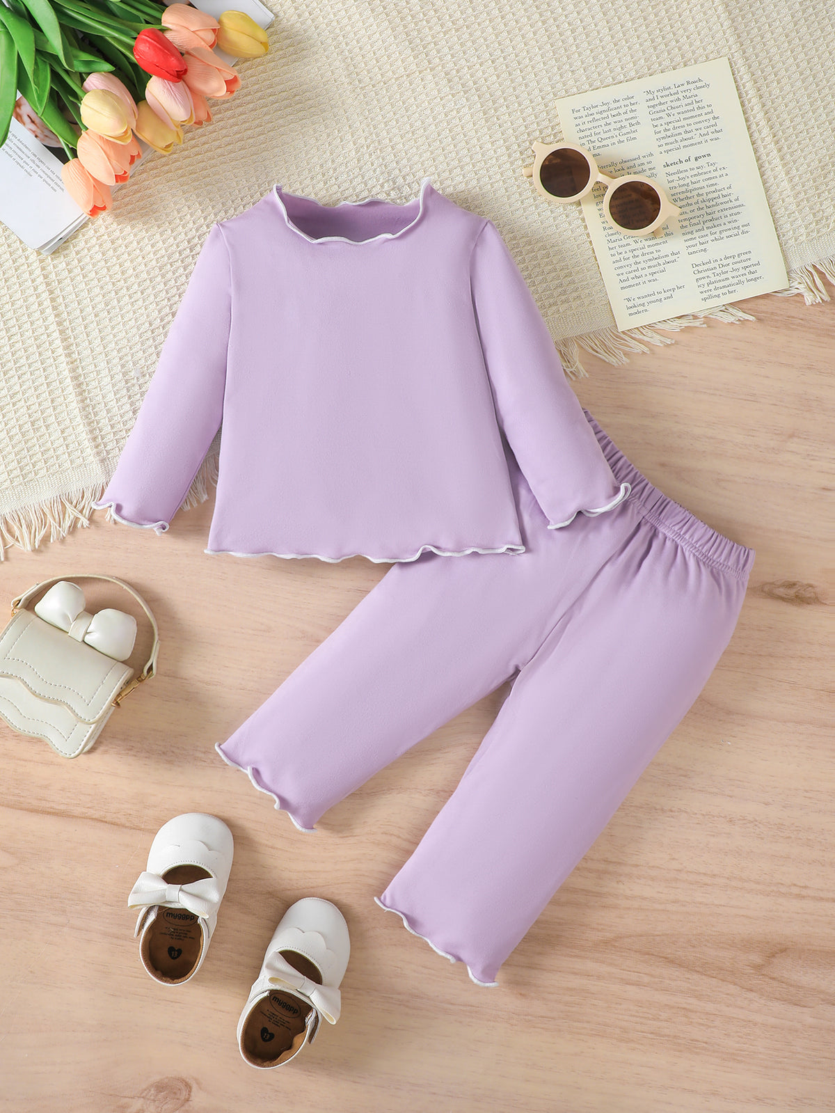 Minimalist Autumn 2-Piece Baby Girls' Pants Suit, Ages 1-24 Months | Color: Purple | Image 1