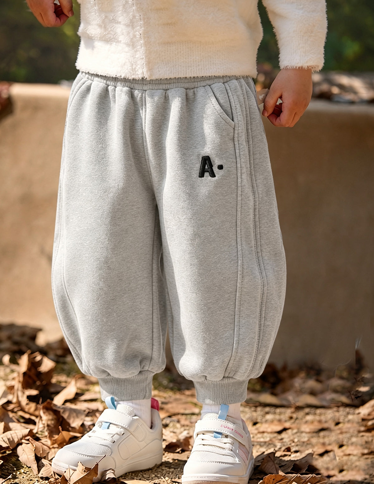 Minimalist Autumn Unisex Kids' Casual Pants, Ages 2-7 | Color: Light Grey | Image 1