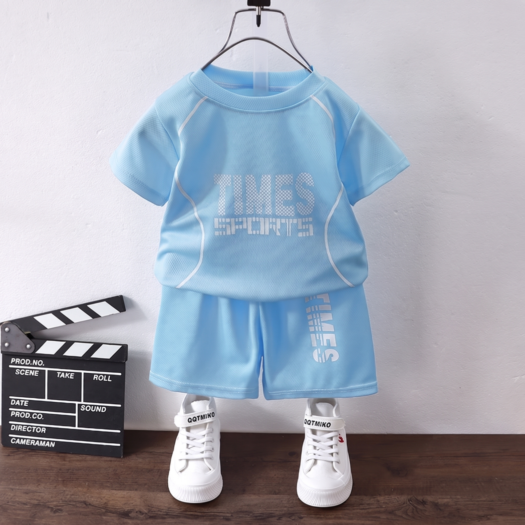 Minimalist Summer 2-Piece Unisex Kids' Pants Suit, Ages 3-11 | Color: Blue | Image 1