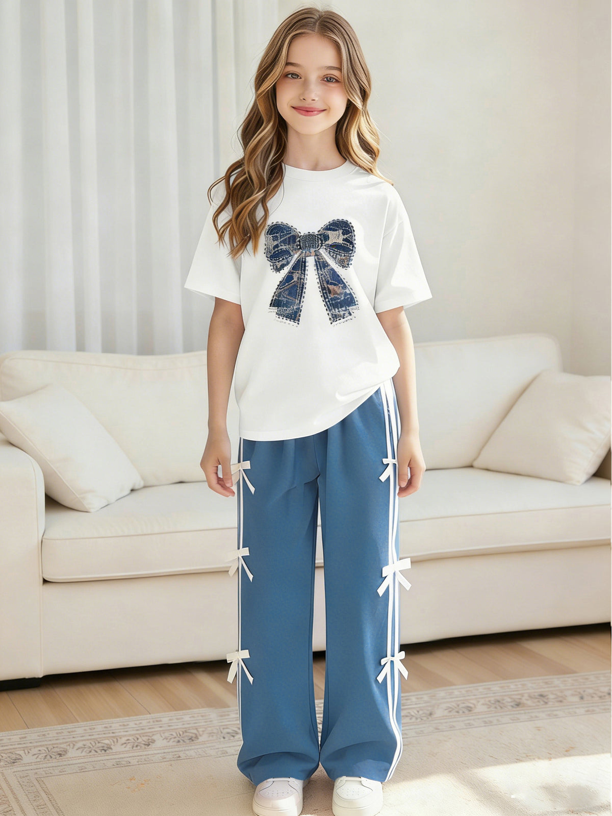 Casual Sporty Summer 2-Piece Girls' Pants Suit, Ages 4-13 | Color: White | Image 3